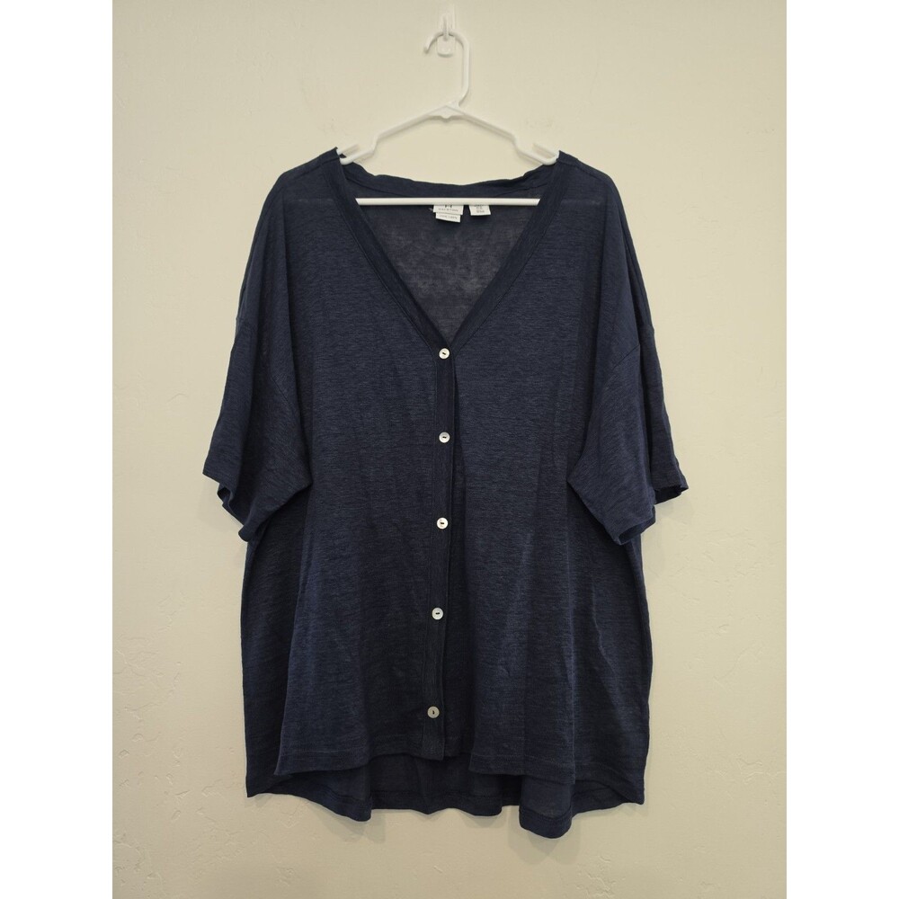 H by Halston Women’s Navy Blue Linen LightWeight Short Sleeve Cardigan Size XL
